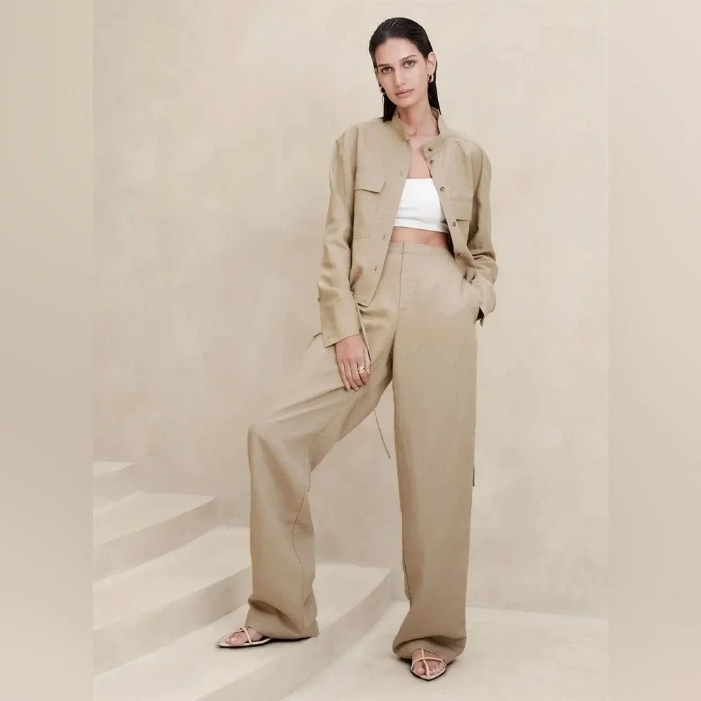 BANANA REPUBLIC Arcata Tencel-Linen Easy Wide Leg Pants in Beige Women‎ Medium